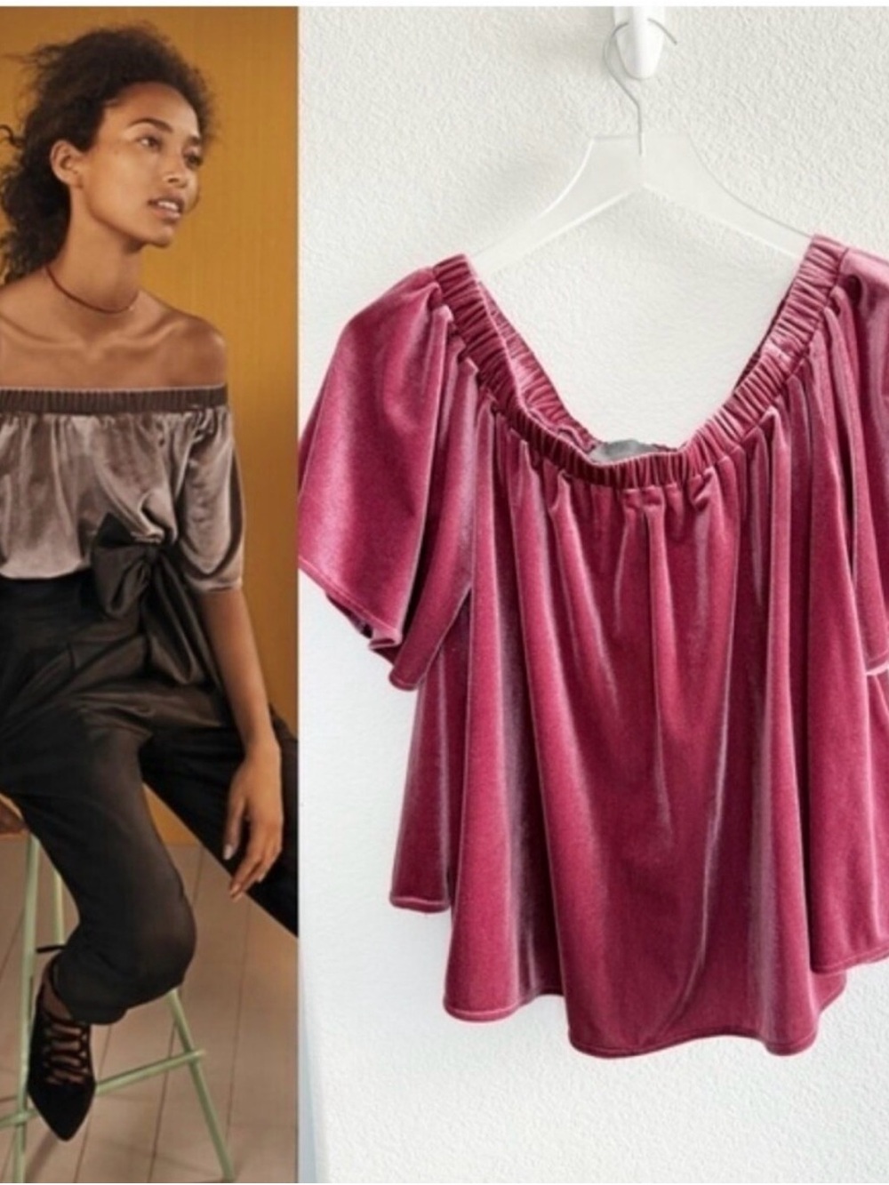Anthropologie Velvet Off-Shoulder Blouse in Dusty Rose EUC